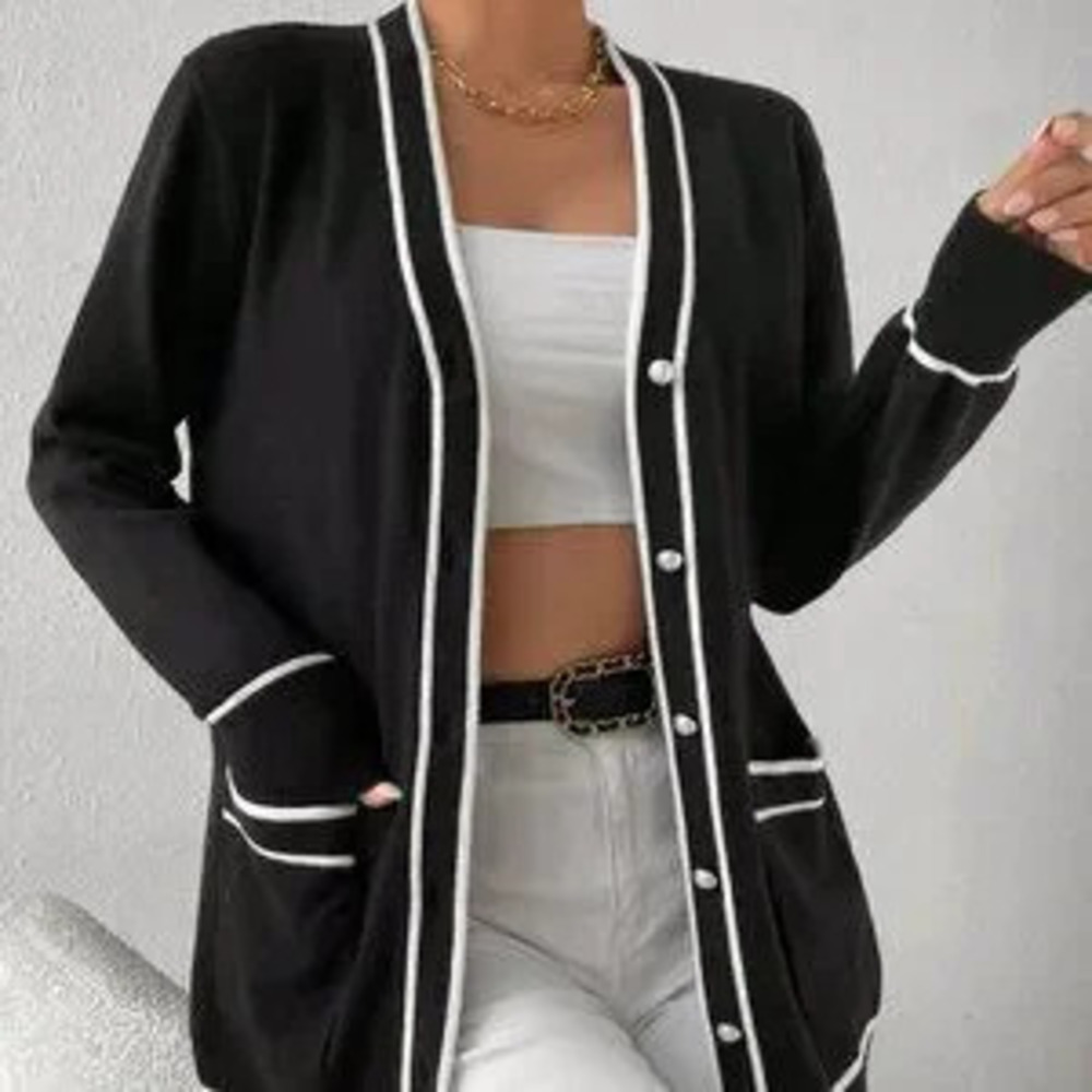 ZARA Black Casual Women's Striped Trim Dual Pocket Cardigan